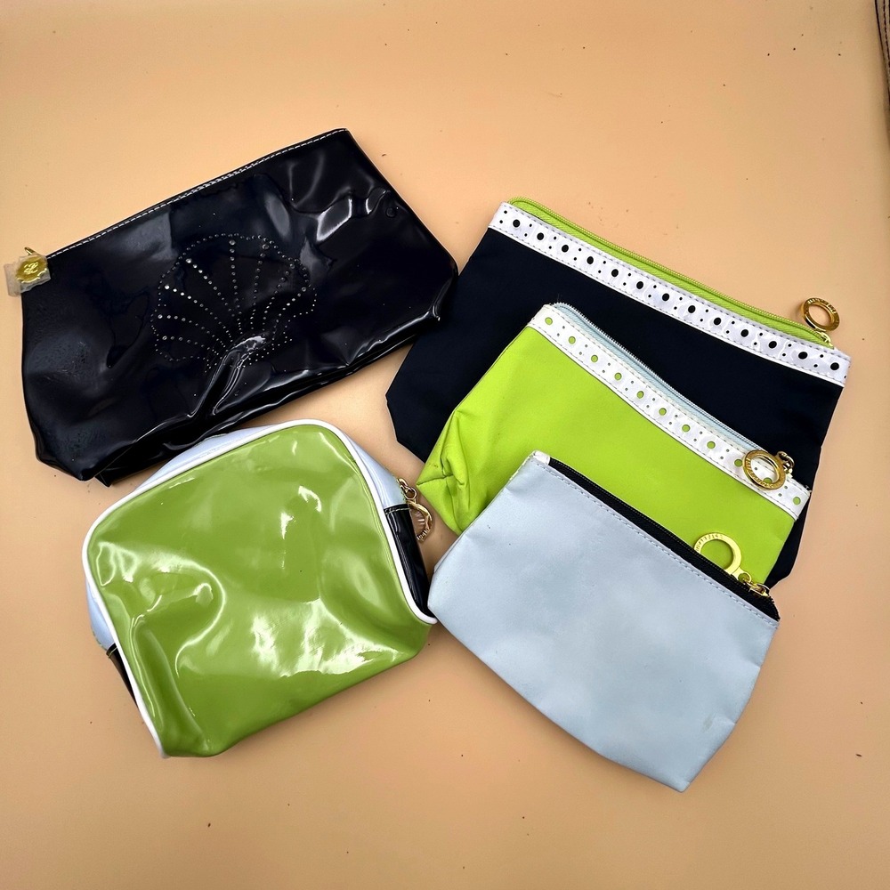 Estee Lauder Cosmetic Bag Lot 5pc Navy Lime Blue Patent Fabric Makeup Pouches